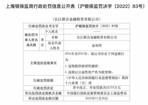 长江联合金融租赁因违规提供政府性融资等行为被罚255万元